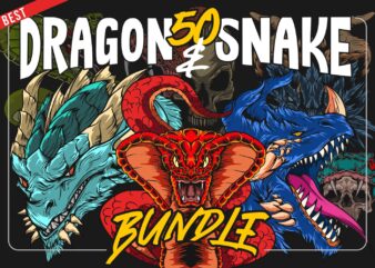 50 Dragon and snake illustration t shirt designs bundle, Vector t shirt designs, Scary t shirt