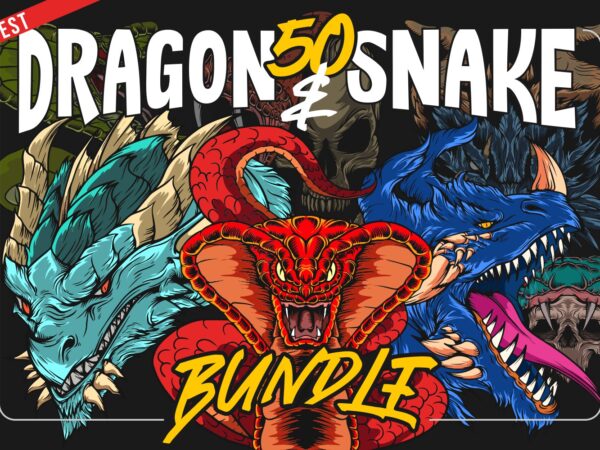 50 dragon and snake illustration t shirt designs bundle, vector t shirt designs, scary t shirt