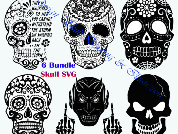 6 t shirt designs bundles skulls, sugar skull svg, bundle skull, skull t shirt design