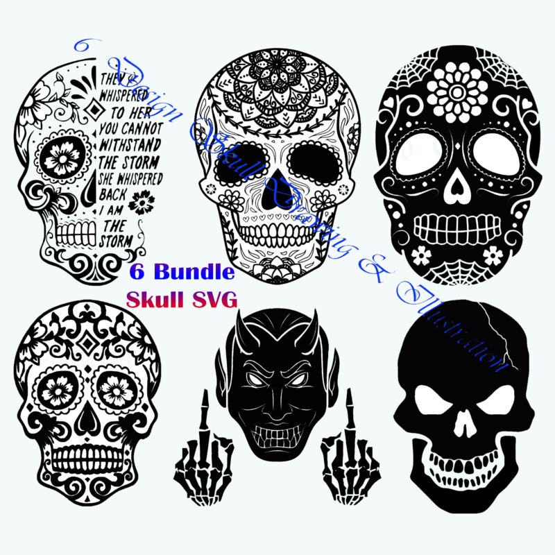 6 T shirt designs Bundles Skulls, Sugar Skull Svg, Skull Svg, Skull vector, Sugar skull art vector, Skull with flower Svg, Skull Tattoos Svg, Halloween, Day of the dead Svg, Calavera Svg, Mandala Skull, Mexican Skull vector.