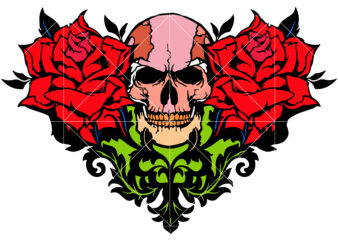 Heart shape skull with roses Svg, Valentine Svg, Skull T shirt Design