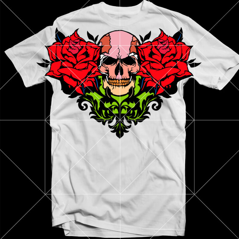 Heart shape skull with roses Svg, Valentine Svg, Skull T shirt Design