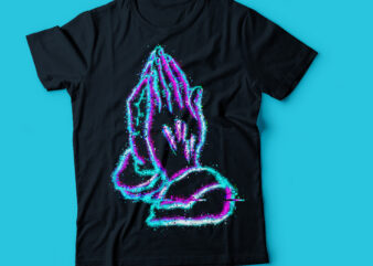 praying hands glowing glitch graphic tee template design neon praying hands