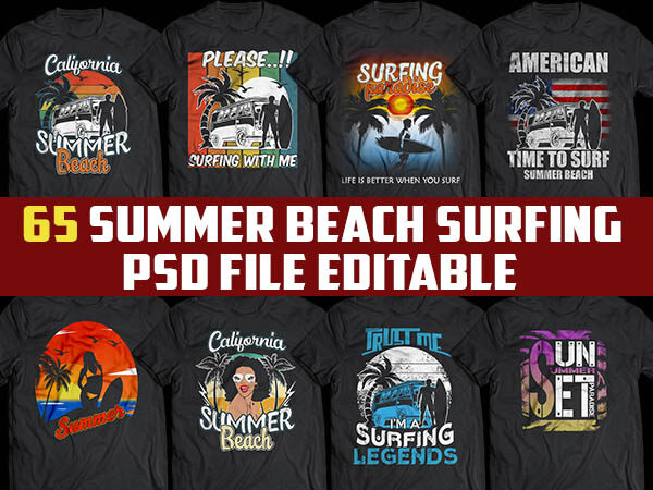 65 summer beach surfing tshirt designs bundles editable