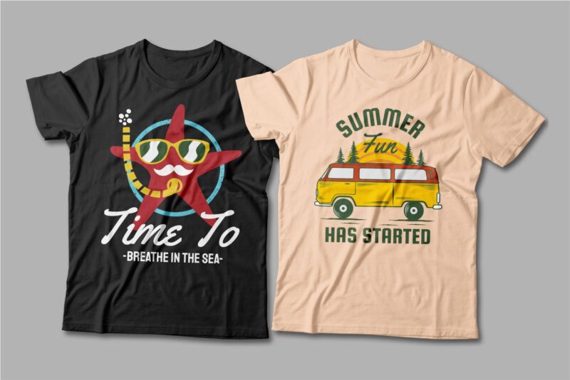 Summer theme t-shirt design bundle, Beach t shirt design collection, Surf and paradise t shirt design vector pack #2, Summer t shirt design mini bundle