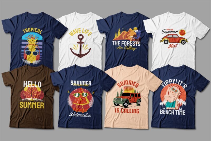 Summer t-shirt designs bundle, Beach t shirt design, Summer season t shirt, Surfing and travel adventure t shirt design pack, T-shirt design mega bundle, T-shirt for POD, Camping t shirt