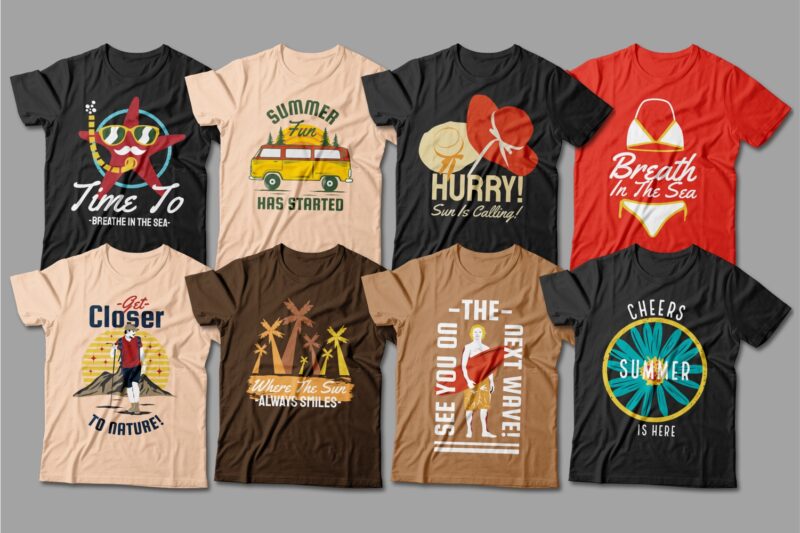 Summer t-shirt designs bundle, Beach t shirt design, Summer season t shirt, Surfing and travel adventure t shirt design pack, T-shirt design mega bundle, T-shirt for POD, Camping t shirt