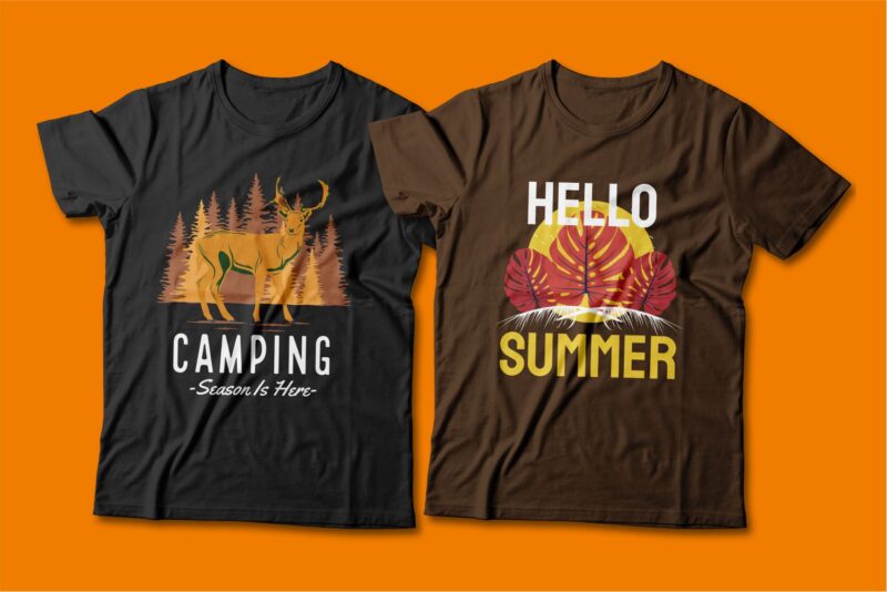 Summer theme t-shirt design bundle, Camping t shirt design collection, Beach and paradise t shirt design vector pack #6, Summer t shirt design mini bundle