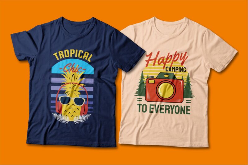 Summer theme t-shirt design bundle, Camping t shirt design collection, Beach and paradise t shirt design vector pack #6, Summer t shirt design mini bundle