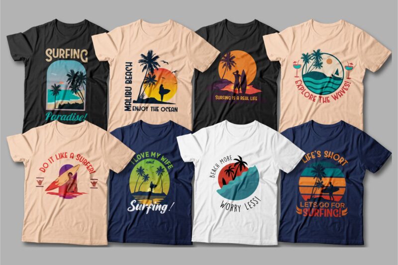 90 Surfing paradise t shirt designs bundle editable – Beach t shirt design, Surf t shirt design vector – EPS SVG PNG