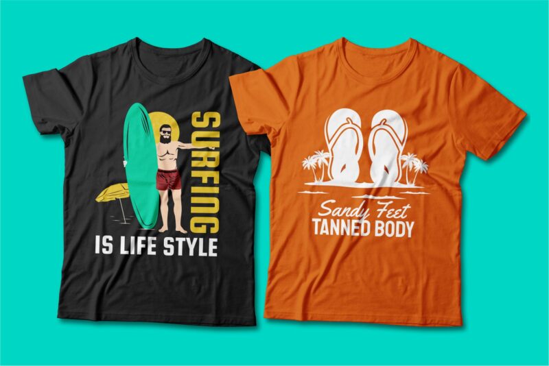 Summer theme t-shirt design bundle, Beach t shirt design collection, Surf and paradise t shirt design vector pack #1, Summer t shirt design mini bundle