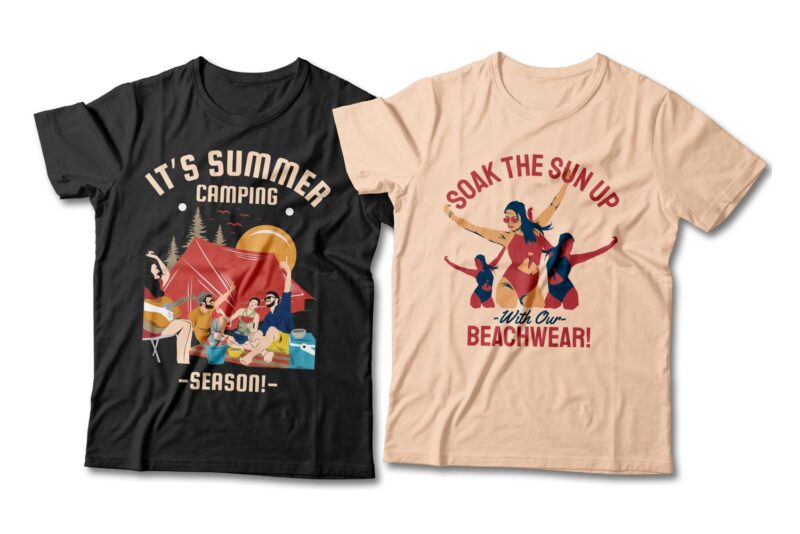 Summer Season t-shirt design bundle, Beach t shirt design collection, Camping and paradise t shirt design vector pack #5, Summer t shirt design mini bundle