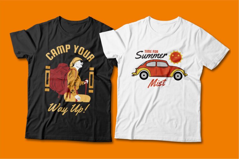 Summer theme t-shirt design bundle, Camping t shirt design collection, Beach and paradise t shirt design vector pack #6, Summer t shirt design mini bundle