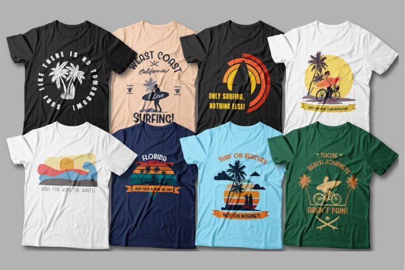 90 Surfing paradise t shirt designs bundle editable – Beach t shirt design, Surf t shirt design vector – EPS SVG PNG