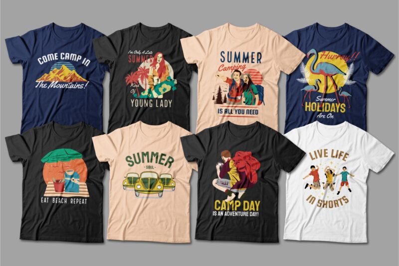 Summer t-shirt designs bundle, Beach t shirt design, Summer season t shirt, Surfing and travel adventure t shirt design pack, T-shirt design mega bundle, T-shirt for POD, Camping t shirt