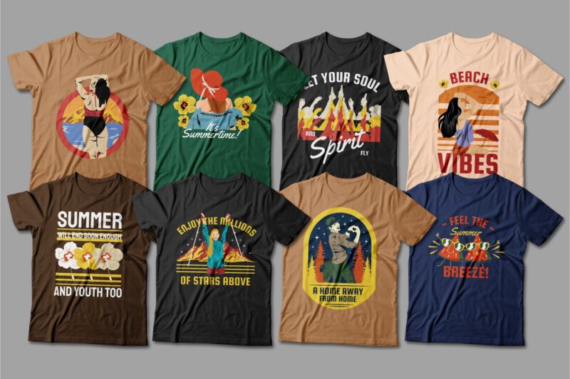 Summer t-shirt designs bundle, Beach t shirt design, Summer season t shirt, Surfing and travel adventure t shirt design pack, T-shirt design mega bundle, T-shirt for POD, Camping t shirt