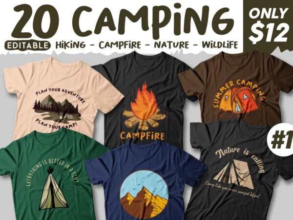 Camping t shirt designs bundle, camping slogan t shirt design, adventure t shirt design, campfire t shirt design, hiking t shirt design, t shirt designs for pod, wildlife t shirt,