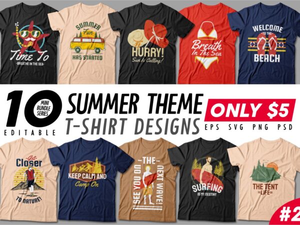 Summer season t-shirt design bundle, beach t shirt design collection, surf and paradise t shirt design vector pack #2, summer t shirt design mini bundle