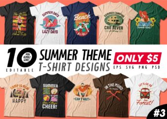 Summer theme t-shirt design bundle, beach t shirt design collection, surf and paradise t shirt design vector pack #3, summer t shirt design mini bundle