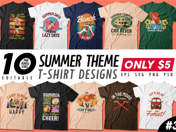 Summer theme t-shirt design bundle, beach t shirt design collection, surf and paradise t shirt design vector pack #3, summer t shirt design mini bundle