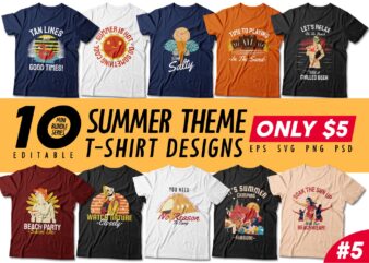 Summer Season t-shirt design bundle, Beach t shirt design collection, Camping and paradise t shirt design vector pack #5, Summer t shirt design mini bundle