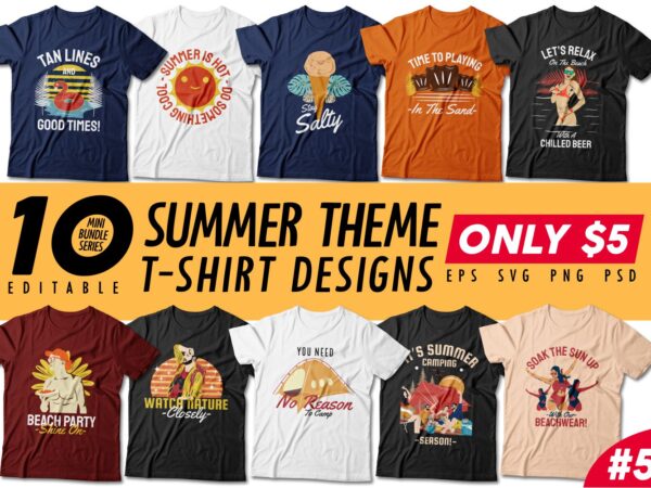 Summer season t-shirt design bundle, beach t shirt design collection, camping and paradise t shirt design vector pack #5, summer t shirt design mini bundle