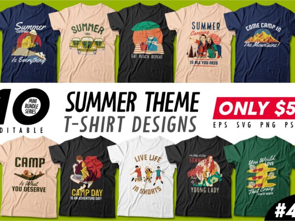 Summer season t-shirt design bundle, beach t shirt design collection, surf and paradise t shirt design vector pack #4, summer t shirt design mini bundle