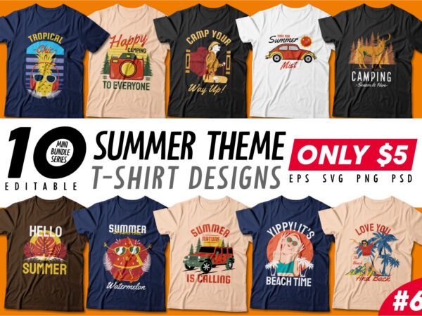 Summer theme t-shirt design bundle, camping t shirt design collection, beach and paradise t shirt design vector pack #6, summer t shirt design mini bundle