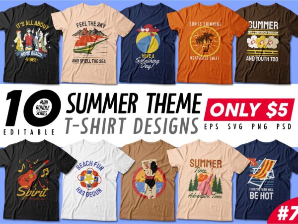 Summer season t-shirt design bundle, beach t shirt design collection, camping and paradise t shirt design vector pack #7, summer theme t shirt design mini bundle