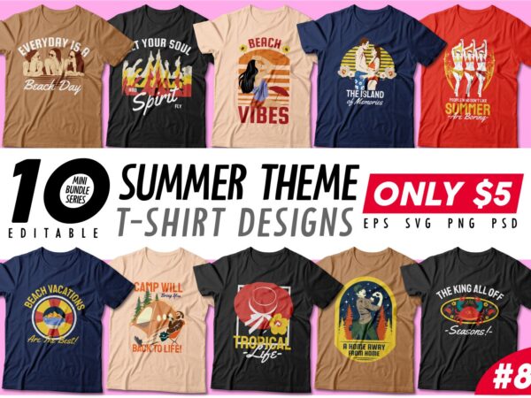 Summer theme t-shirt design bundle, beach t shirt design collection, camping and paradise t shirt design vector pack #8, summer t shirt design mini bundle