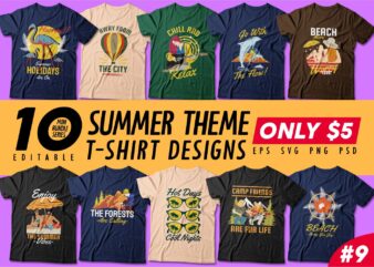 Summer theme t-shirt design bundle, Camping t shirt design collection, Beach and paradise t shirt design vector pack #9, Summer t shirt design mini bundle