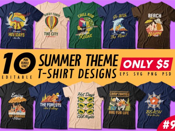Summer theme t-shirt design bundle, camping t shirt design collection, beach and paradise t shirt design vector pack #9, summer t shirt design mini bundle