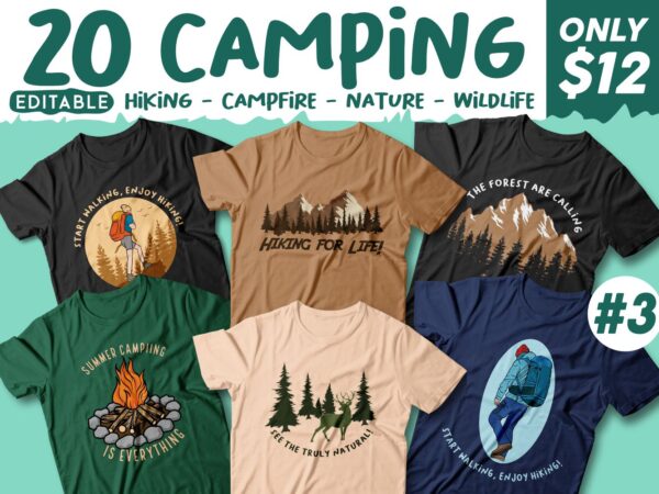 20 camping t-shirt designs editable, nature lovers t shirt design, vector