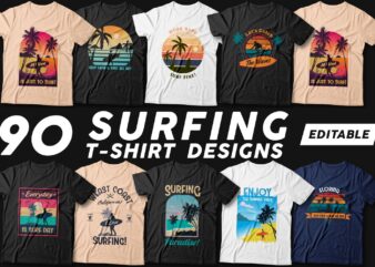 90 Surfing t shirt designs bundle, Editable t shirt design pack, Beach t shirt, Surf paradise t shirt,