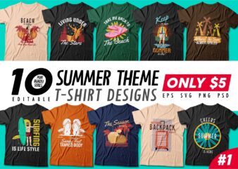 Summer theme t-shirt design bundle, Beach t shirt design collection, Surf and paradise t shirt design vector pack #1, Summer t shirt design mini bundle