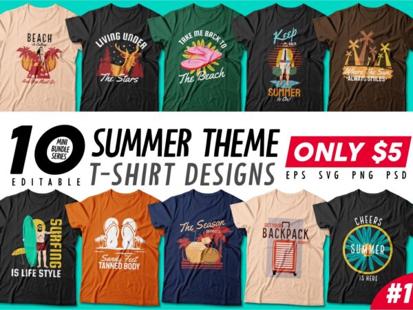 Summer theme t-shirt design bundle, beach t shirt design collection, surf and paradise t shirt design vector pack #1, summer t shirt design mini bundle