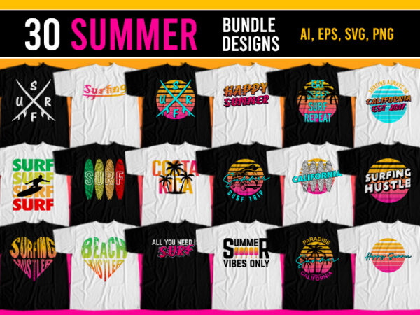 30 summer surfing t-shirt design bundle for commercial use