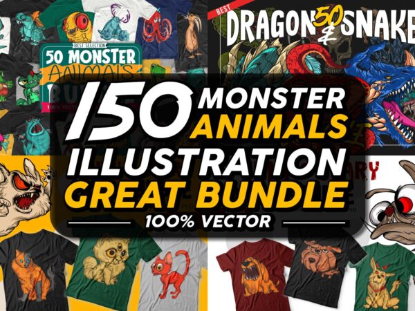 150 monster animals cartoon t shirt designs great bundle. vector t shirt designs