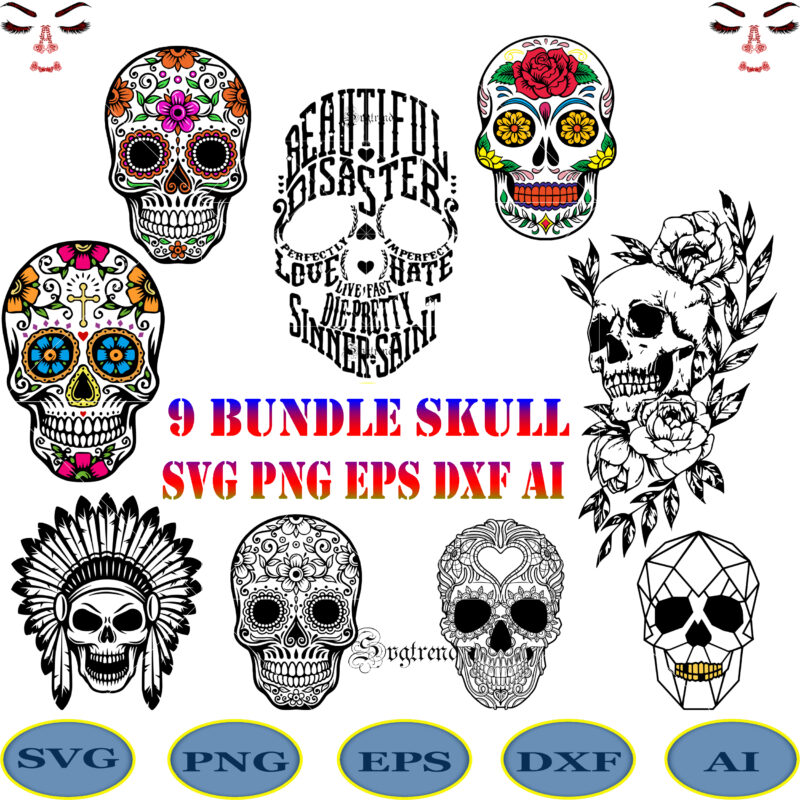 Skull SVG 9 Bundle, Bundle Skull, Skull Bundle, Skull Svg, Sugar Skull Svg, Skull t shirt design