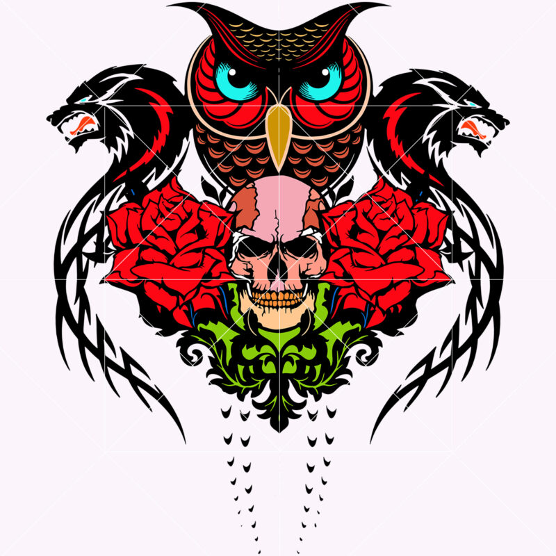 Owl and skulls with Roses tattoo art, Skull owl with roses Svg, Owl and skulls roses t shirt design