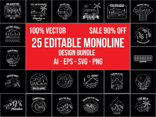 25 Editable Monoline Design Bundle 100% Vector AI, EPS, SVG, PNG