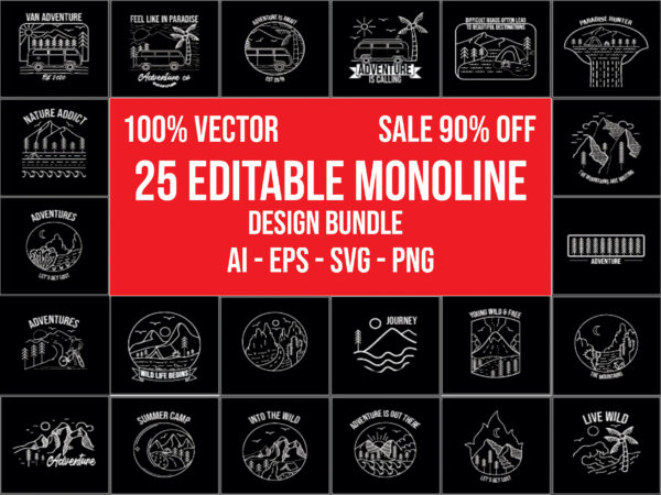 25 editable monoline design bundle 100% vector ai, eps, svg, png