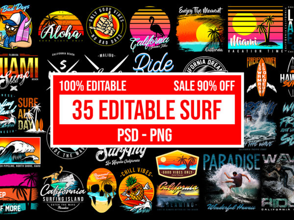 35 surf paradise psd editable design bundle – png transparent background