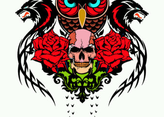 Owl and skulls with Roses tattoo art, Skull owl with roses Svg, Owl and skulls roses t shirt design