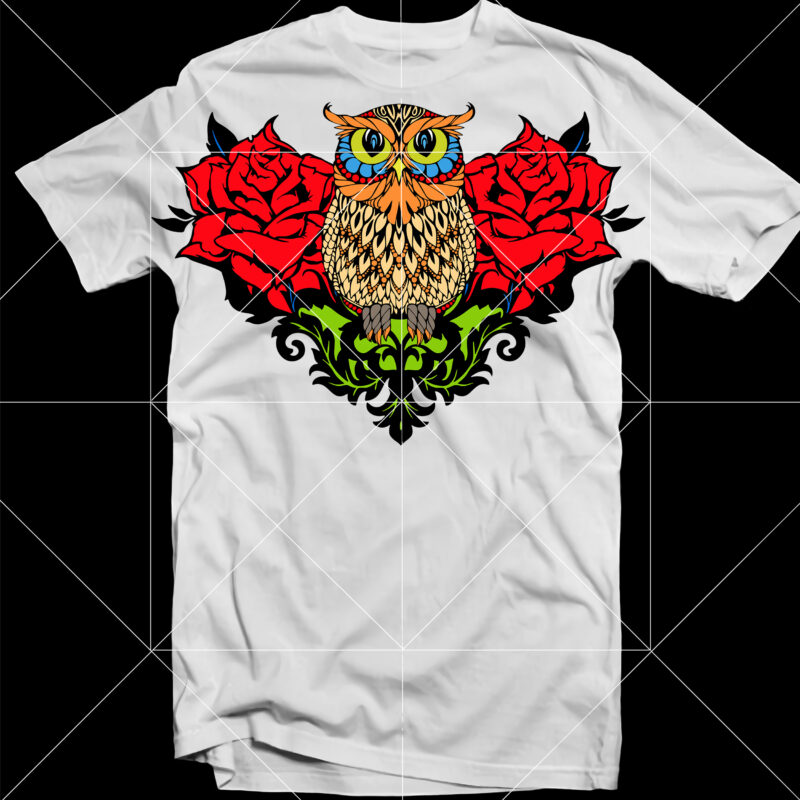 Owl with Roses Svg, Owl mandala Svg, Roses Svg, Owl t shirt design