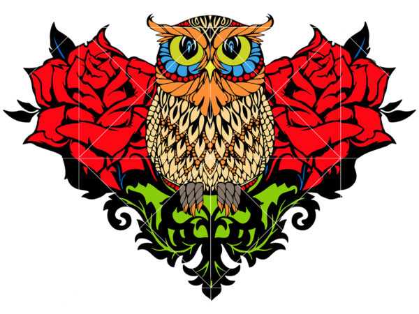 Owl with roses svg, owl mandala svg, roses svg, owl t shirt design