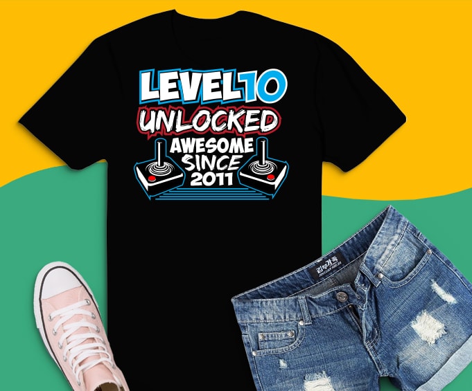 Level 10 Unlocked Awesome Since 2011 , Video Game Birthday Boy T-Shirt design, Gaming Birthday Tee 10 year old, Level 10 Unlocked, game remote control, 10th Birthday gamer, birthday boy,10th birthday