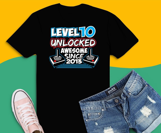 Level 10 Unlocked Awesome Since 2013 , Video Game Birthday Boy T-Shirt design, Gaming Birthday Tee 8 year old, Level 10 Unlocked, game remote control, 8th Birthday gamer, birthday boy,8th birthday