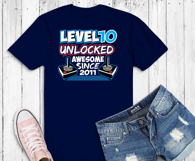 Level 10 Unlocked Awesome Since 2011 , Video Game Birthday Boy T-Shirt design, Gaming Birthday Tee 10 year old, Level 10 Unlocked, game remote control, 10th Birthday gamer, birthday boy,10th birthday