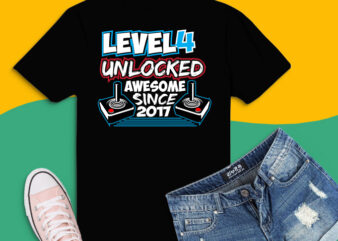 Level 4 Unlocked png, Awesome Since 2017 svg, Video Game Birthday Boy T-Shirt design,Gaming Birthday Tee 4 year old png,Level 4 Unlocked svg, game remote control png, 4th Birthday gamer